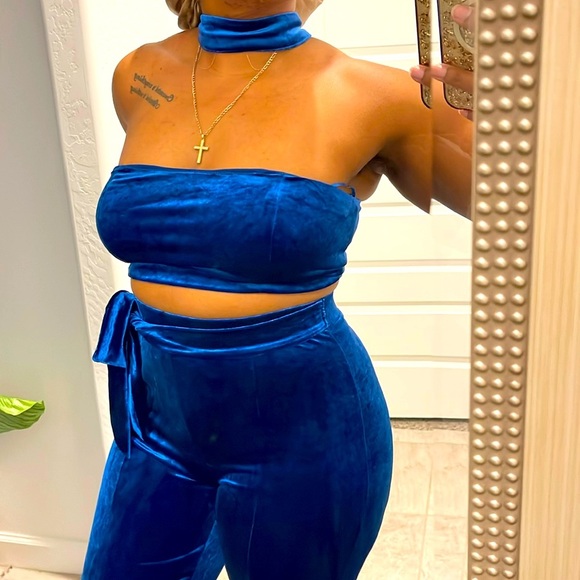 2 piece velvet pants set crop top and pants - BLUE - Picture 4 of 16
